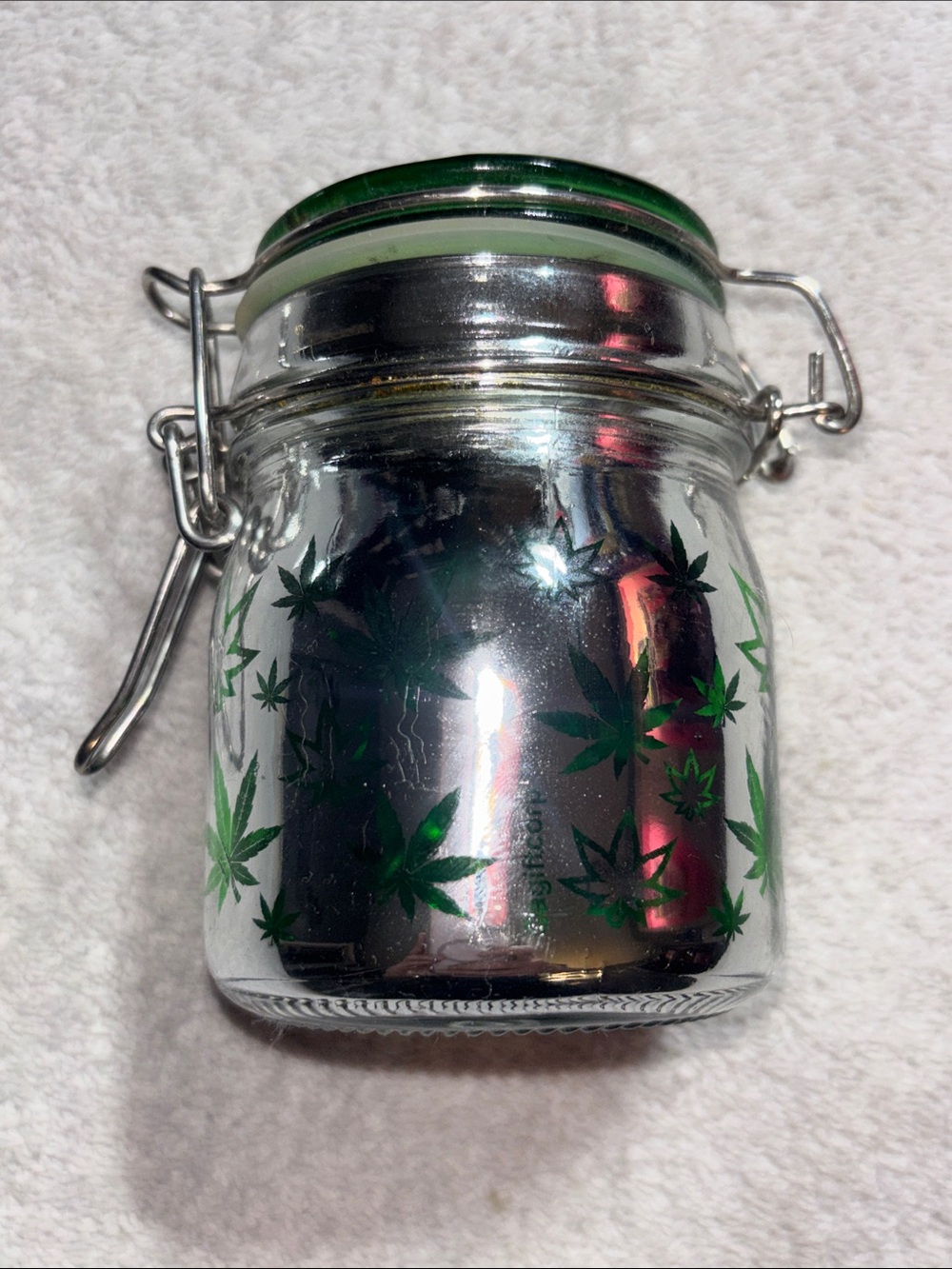 Source Unknown Green and Silver Glass Herb Storage Jar with Leaf Print